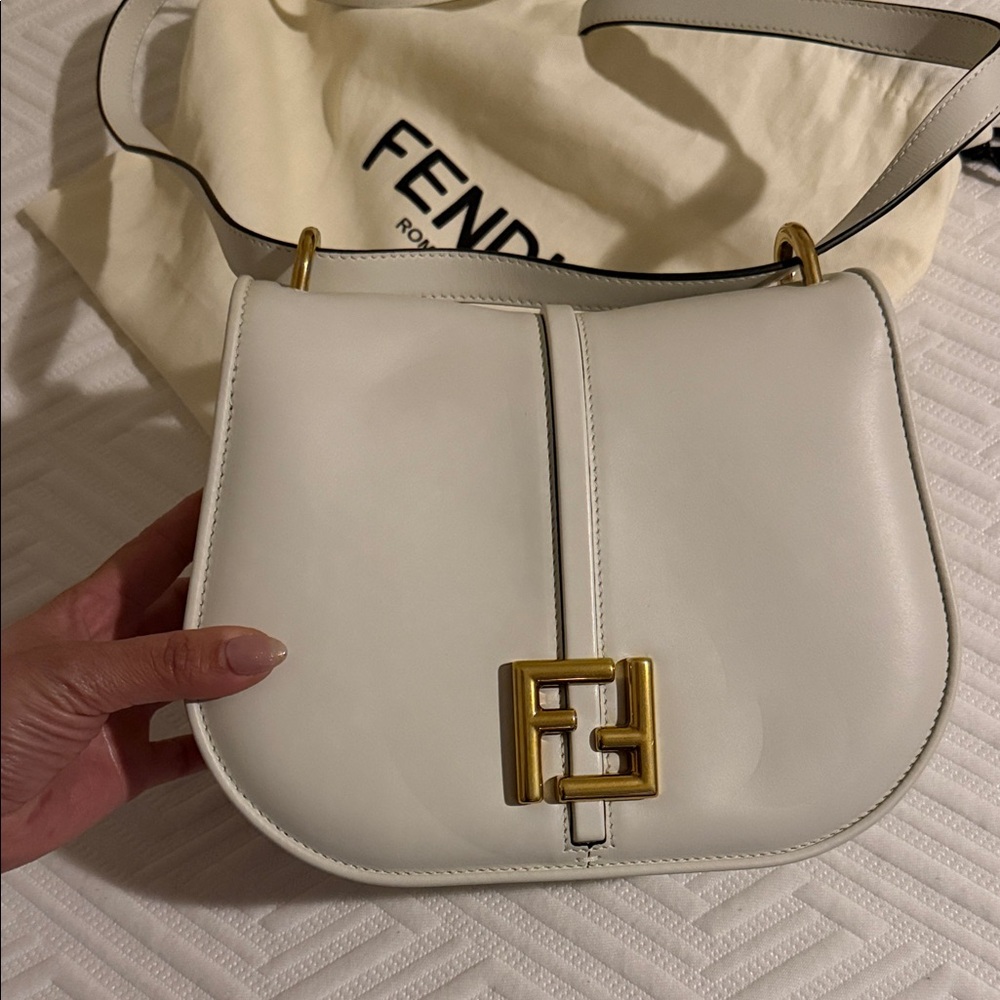 Fendi C’mon White Leather Saddle Bag with Gold FF Hardware
